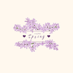 Floral abstract card with rectangle frame. Botanical illustration with lilac. Vector spring background. Linear style.