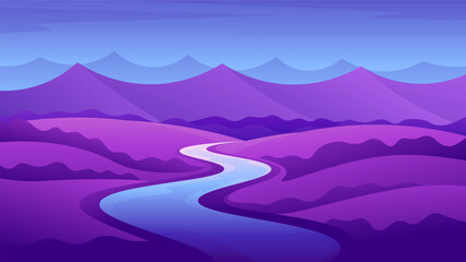 Evening natural landscape. The river flows through the fields on a mountain range background.