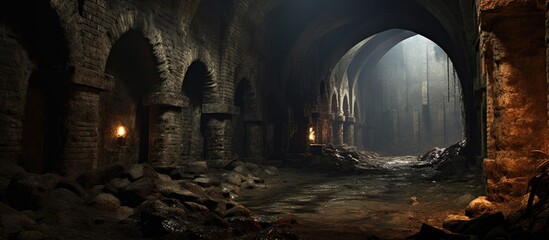 Historical, deserted underground stronghold with tunnels. - obrazy, fototapety, plakaty