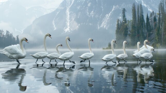 a flock of geese walking on the lake.AI generated image