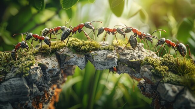 a group of ants is building a bridge.AI generated image