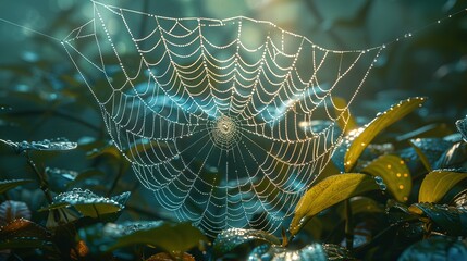 An arthropods spider web made of natural material is intricately woven among leaves in a forest, creating a beautiful pattern while capturing insects for the terrestrial animal