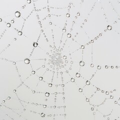Dewdrops delicately suspended on a spider web, highlighting the precision and symmetry of the web against a white background