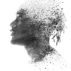 A paintography double exposure profile portrait merged with paint splashes