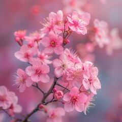 Pink cherry blossoms in full bloom, focusing on clusters of flowers with a soft, dreamy background