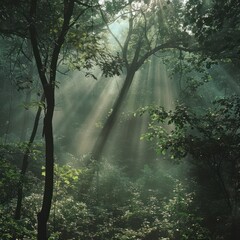 Sunbeams breaking through a dense forest canopy, illuminating the mist and the forest floor