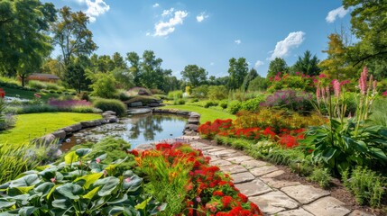A lush botanical garden with colorful blooms, winding paths, and tranquil ponds, under a bright summer sun and clear blue skies, offering a serene backdrop for business messaging - obrazy, fototapety, plakaty