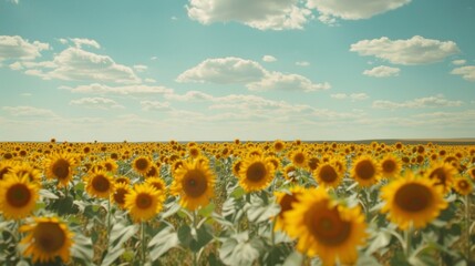 Obraz premium A charming countryside scene with fields of sunflowers stretching towards the horizon, framed by clear blue skies and fluffy white clouds, providing ample space for business branding