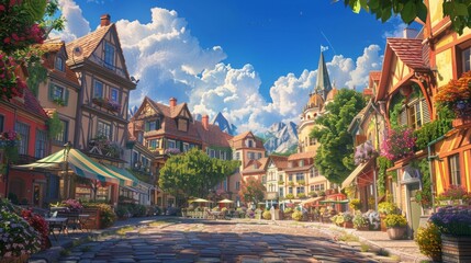A charming village square with cobblestone streets, quaint cafes, and colorful storefronts, against a backdrop of clear blue skies and puffy white clouds, providing a picturesque backdrop for business