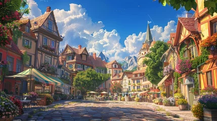 Foto op Plexiglas A charming village square with cobblestone streets, quaint cafes, and colorful storefronts, against a backdrop of clear blue skies and puffy white clouds, providing a picturesque backdrop for business © Filip