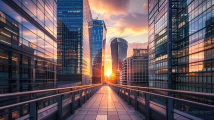 city view at sunset with buildings with large windows .AI generated image - obrazy, fototapety, plakaty