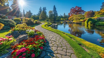 A lush botanical garden with colorful blooms, winding paths, and tranquil ponds, under a bright summer sun and clear blue skies, offering a serene backdrop for business messaging - obrazy, fototapety, plakaty