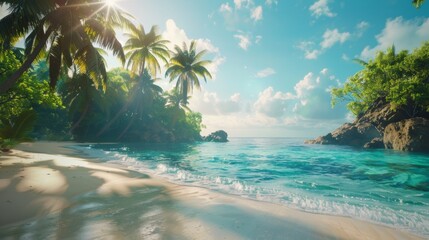 A lush tropical paradise with palm trees swaying in the breeze, clear turquoise waters lapping against sandy shores, and a brilliant sun shining overhead, creating a captivating backdrop for business  - obrazy, fototapety, plakaty
