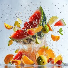 Fruit, such as a watermelon or citrus, at the moment it's being sliced or burst open, with pieces and juice dramatically flying out