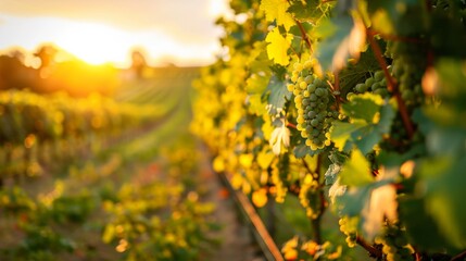 A picturesque vineyard with rows of lush grapevines stretching towards the horizon, bathed in golden sunlight under a clear summer sky, offering ample negative space for business messaging - obrazy, fototapety, plakaty