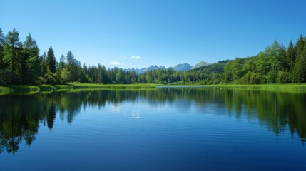 Fototapeta na wymiar A serene lake surrounded by verdant forests and distant mountains, reflecting the clear blue sky above, creating a tranquil summer background perfect for showcasing business branding.