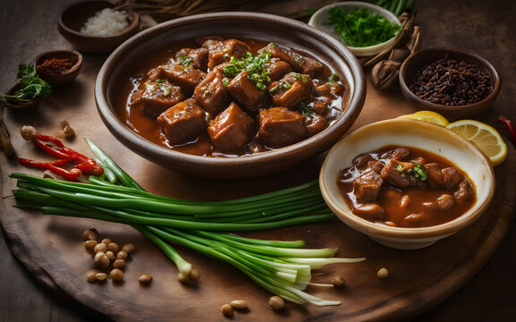 Filipino adobo, savory sauce, green onions, ceramic plate, warm kitchen setting