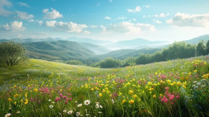 An idyllic countryside landscape featuring rolling hills covered in lush greenery and colorful wildflowers, under a clear sunny sky, offering plenty of space for business messaging.