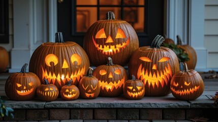 Carved pumpkins with glowing faces arranged on a porch as twilight sets in, warm glow against the white background, evoking a spooky yet inviting Halloween atmosphere