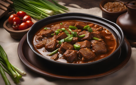Filipino adobo, savory sauce, green onions, ceramic plate, warm kitchen setting