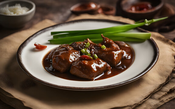 Filipino adobo, savory sauce, green onions, ceramic plate, warm kitchen setting