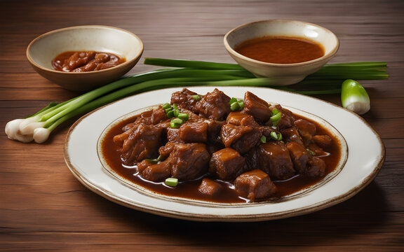 Filipino adobo, savory sauce, green onions, ceramic plate, warm kitchen setting