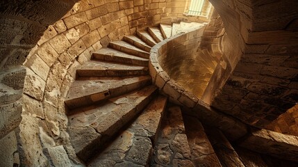 Ancient stone staircase winding up a tower, narrow windows allowing sunlight, creating a high-contrast effect - obrazy, fototapety, plakaty