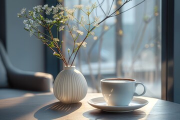 Serene coffee corner with sleek, modern furniture and a single, beautifully crafted cup of coffee in soft morning light - obrazy, fototapety, plakaty
