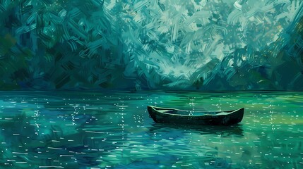 green and blue small boat on the river, high mountain illustration poster background