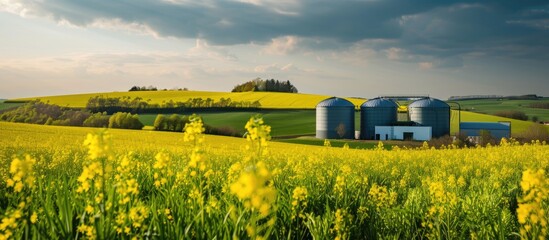 A biogas facility near a springtime field of yellow rapeseed. - obrazy, fototapety, plakaty