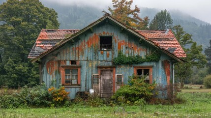 Fototapeta na wymiar A blue house with a red roof and a window. The house is old and abandoned. The grass is green and the sky is cloudy