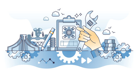 Handyman occupation as professional maintenance work outline hands concept. Builder or technician work with construction or renovation tasks vector illustration. Repairman with technical knowledge.