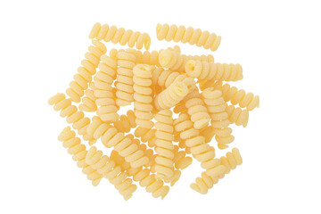Italian spiral shaped pasta, Fusilli bucati macaroni, isolated on white background. Top view. Flat...
