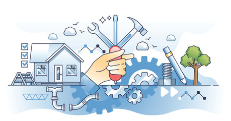 Naklejka premium Handyman occupation with house maintenance or fix task outline hands concept. Technical plumber, electrician or reconstruction work vector illustration. Craftsman employee with tools and knowledge.