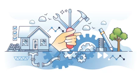 Foto op Aluminium Handyman occupation with house maintenance or fix task outline hands concept. Technical plumber, electrician or reconstruction work vector illustration. Craftsman employee with tools and knowledge. © VectorMine