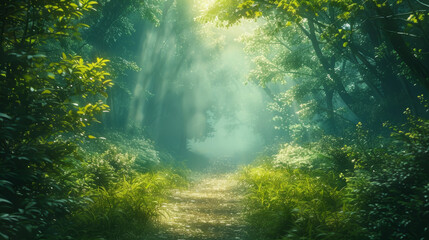 Enchanted Forest, A narrow path meanders through an enchanted forest bathed in ethereal light.