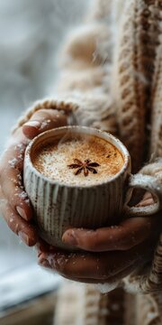The image shows the hands of a man wearing a warm sweater holding a ceramic cup with a drink, probably coffee