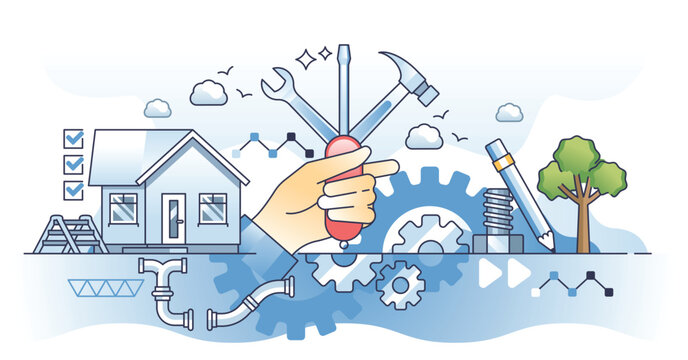 Handyman occupation with house maintenance or fix task outline hands concept. Technical plumber, electrician or reconstruction work vector illustration. Craftsman employee with tools and knowledge.