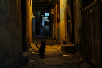 A solitary cat sits in a narrow, dimly lit alleyway at night, surrounded by walls covered in...