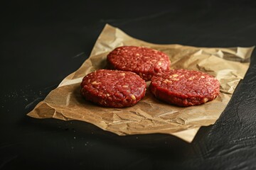 Obraz premium Ground Beef Burger Closeup on Black Background with Butcher Paper Separating Patties for Baking, BBQ or Grilling
