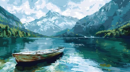 Obraz premium green and blue small boat on the river, high mountain illustration poster background