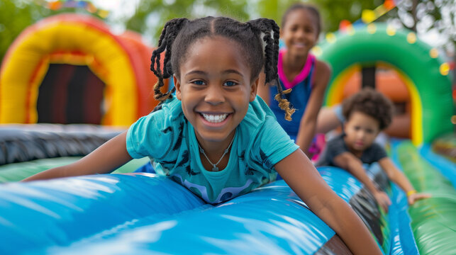 children playing on a colorful playground of an inflatable bounce house