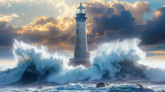 A lighthouse is in the middle of a large wave. The lighthouse is surrounded by water and rocks
