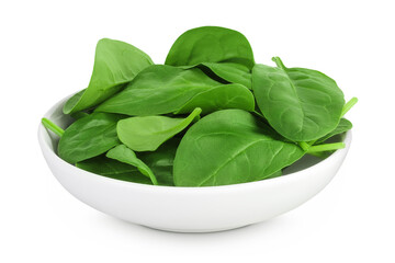 Baby spinach leaves in ceramic bowl isolated on white background