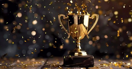 Champion gold cup on wooden table and gold confetti. Generative ai design art concept.