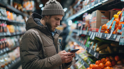 Shopping Technology, A shopper using a smartphone to seek the best deals in a supermarket. - obrazy, fototapety, plakaty