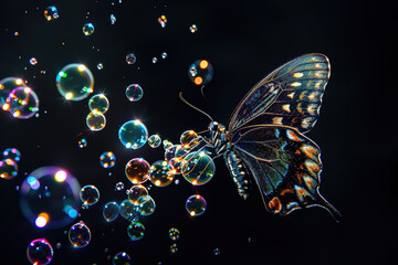 Fototapeta na wymiar Abstract colorful butterfly landing on a soap bubble.
