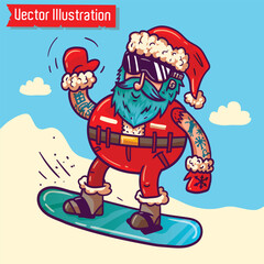Hipster Santa Claus Snowboarding, Cool Christmas Vector Illustration
