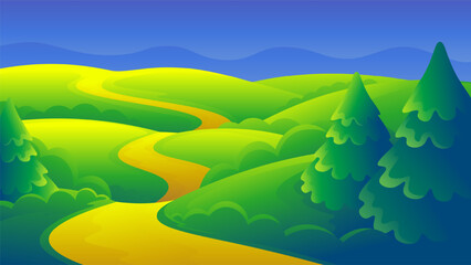 Green hills and forest gradient illustration. Beautiful landscape view of the path.
