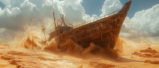 Ancient ship amidst desert waves, a testament to time, visually captivatin ,3DCG,clean sharp focus - obrazy, fototapety, plakaty